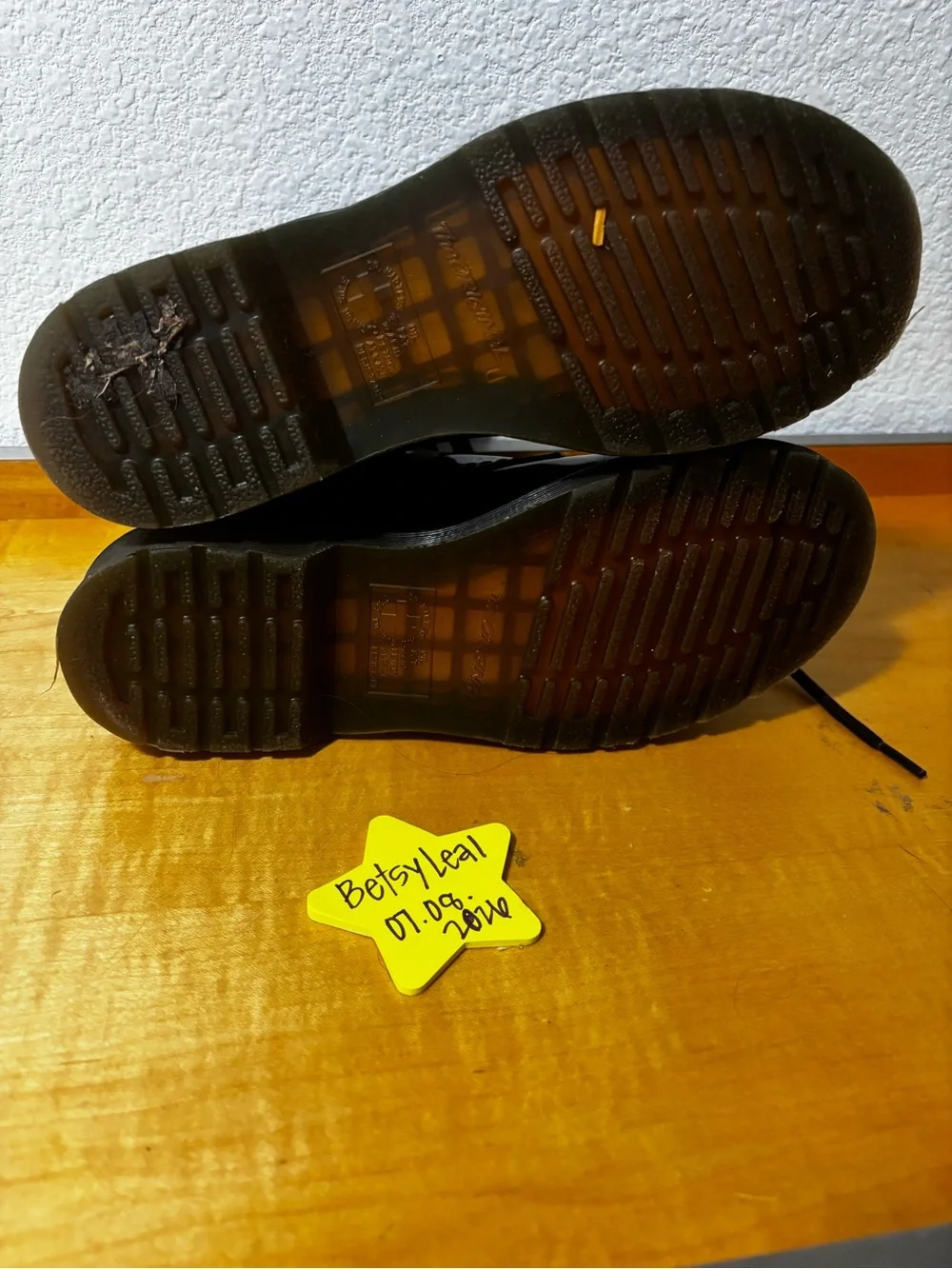 Dr. Martens Glossy Purple Patent Lace-Up Boots with Yellow Heel Loop - Picture 3 of 5